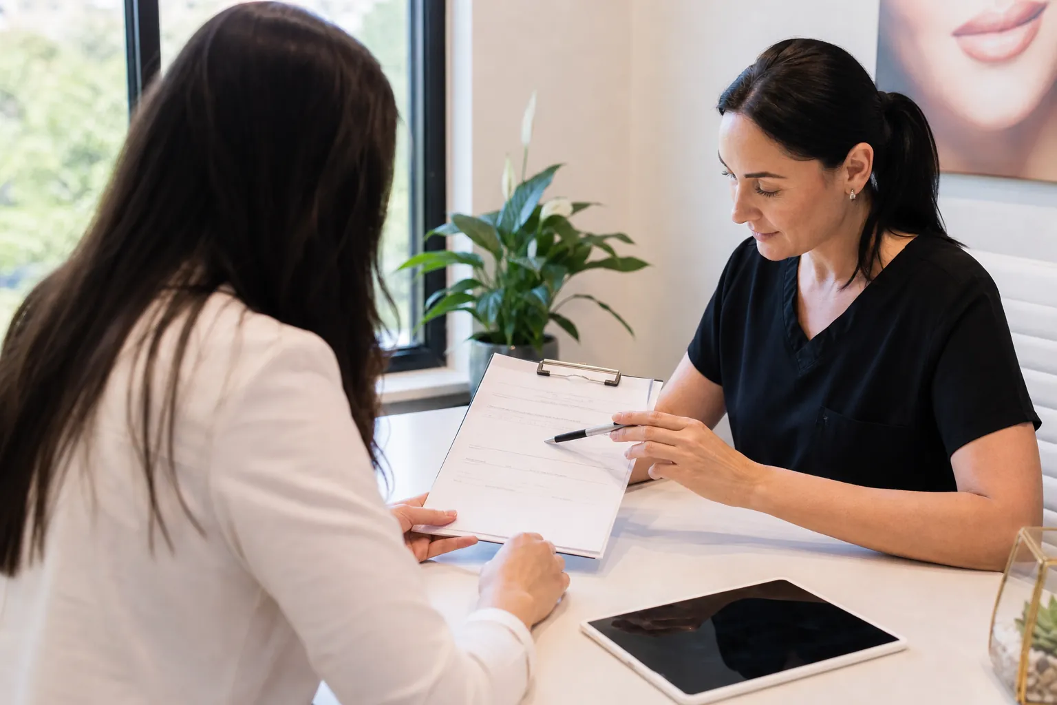Med Spa Consultation and Form Review A woman in black scrubs points to a clipboard form while a seated woman reviews it across a desk with a tablet.