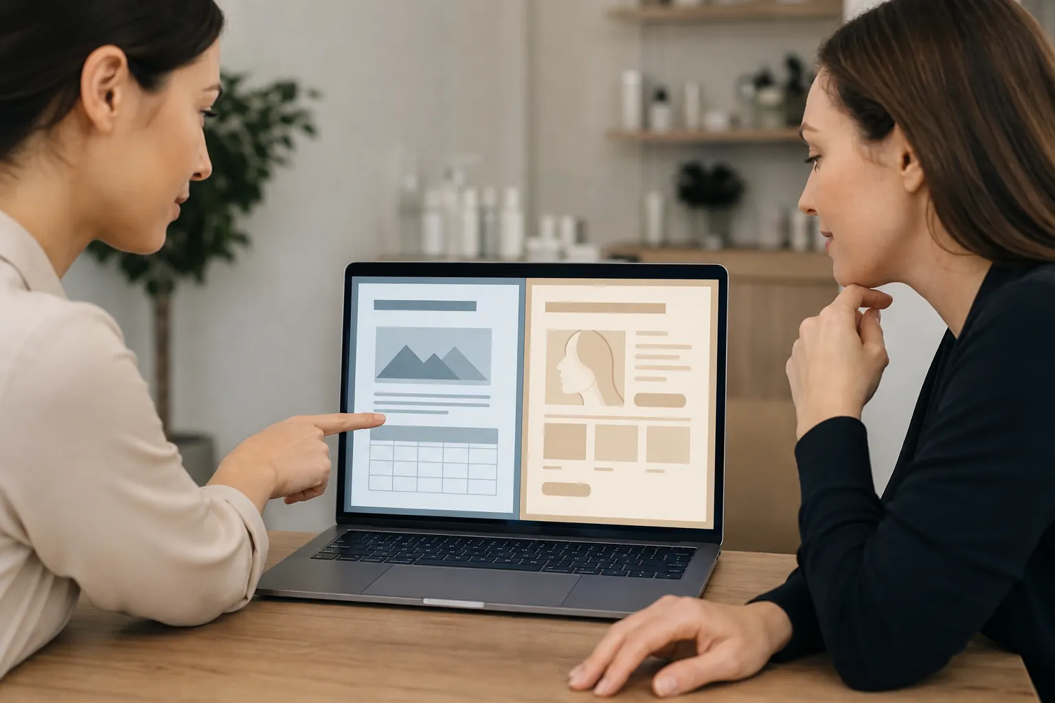 Two women review side-by-side website layouts on a laptop, one with a calendar grid and the other with a facial profile graphic.