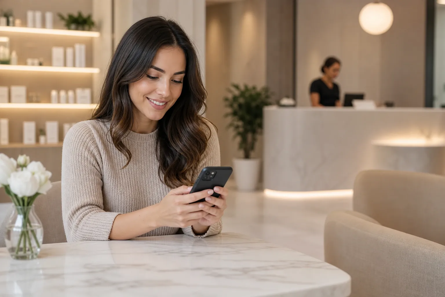 A smiling woman holds a smartphone at a marble table in a spa reception area, with a staff member behind the counter.