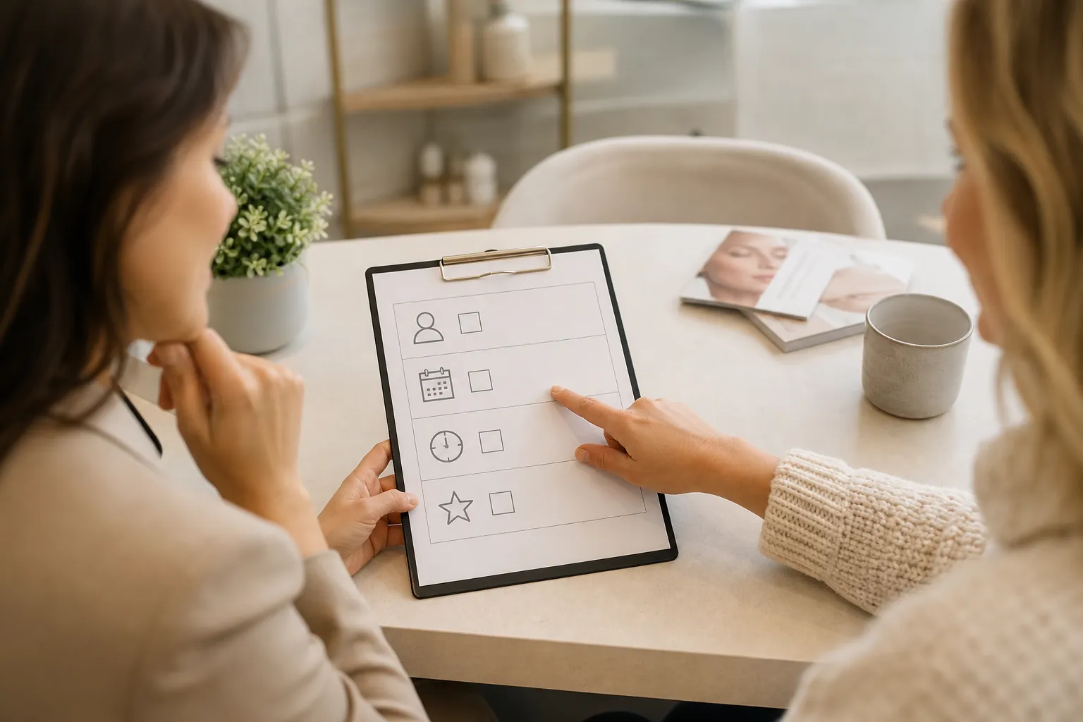 Two women review a clipboard with profile, calendar, clock and star icons, while one points to the calendar row.