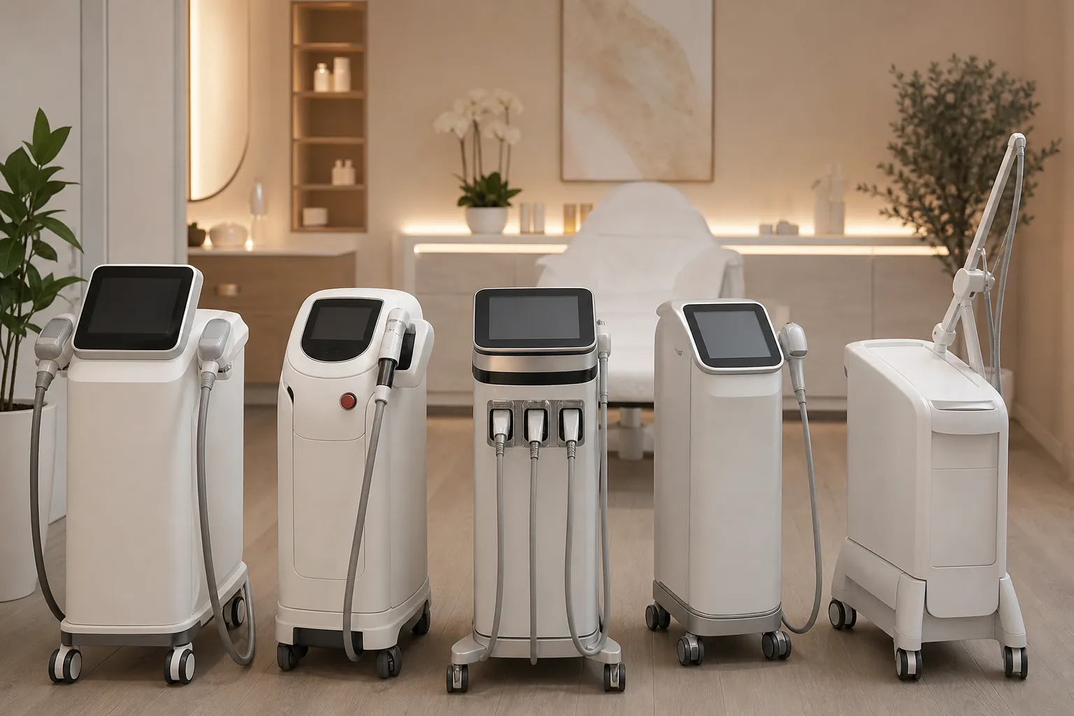 Five wheeled aesthetic treatment devices stand in a softly lit med spa room with a treatment chair and plants.