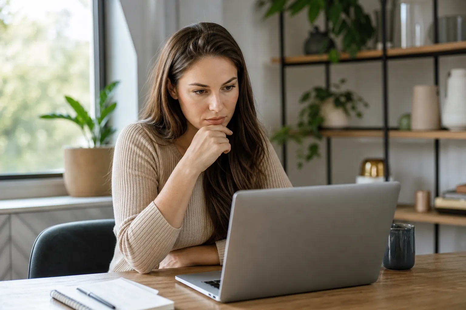 Woman Studying a Laptop at a Wooden Table A woman rests her hand beneath her chin while looking at a laptop, with a notebook and mug on the wooden table.