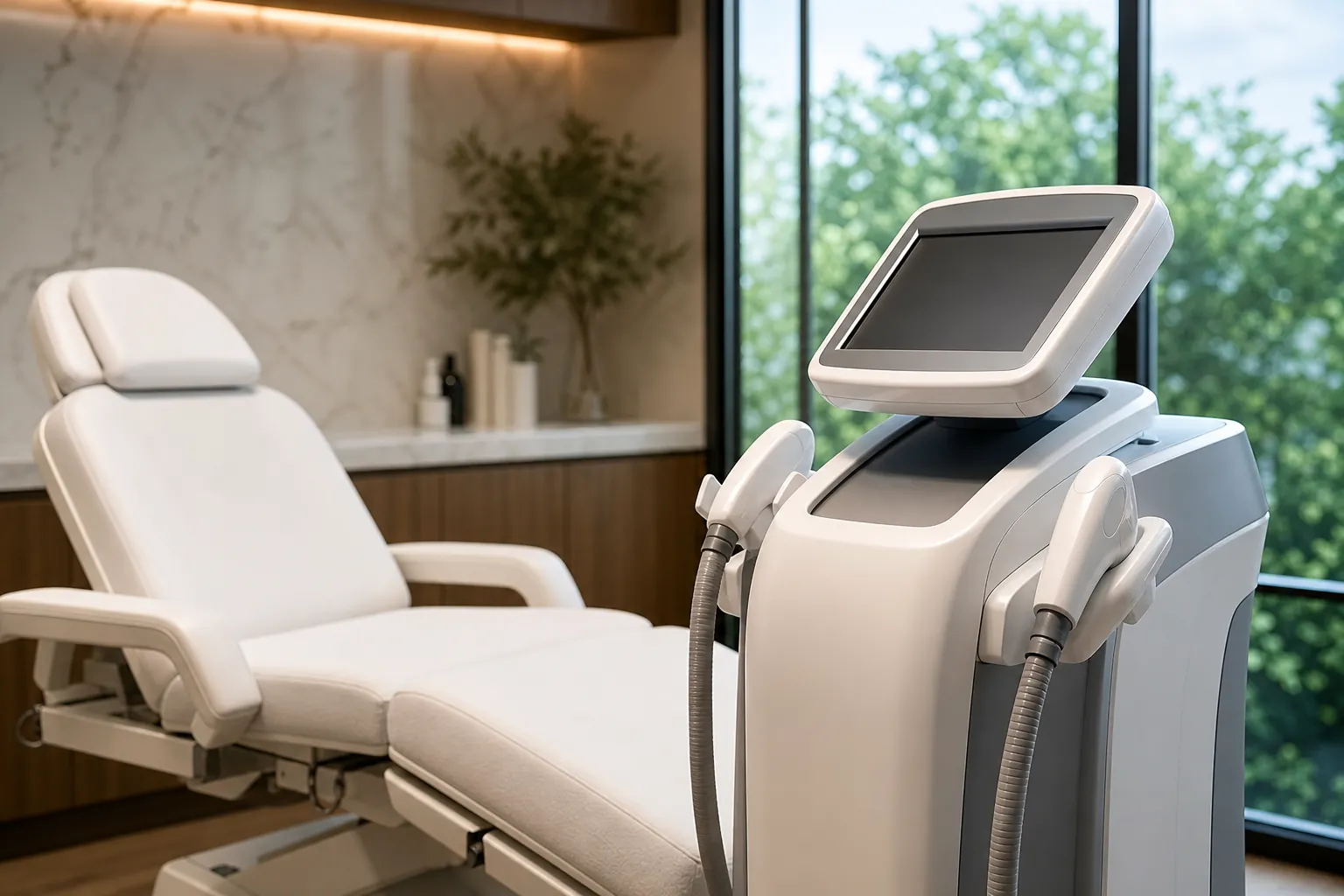 Aesthetic Treatment Device Beside a Med Spa Chair A white aesthetic treatment device with a blank screen and two handpieces stands beside a padded chair in a modern med spa.