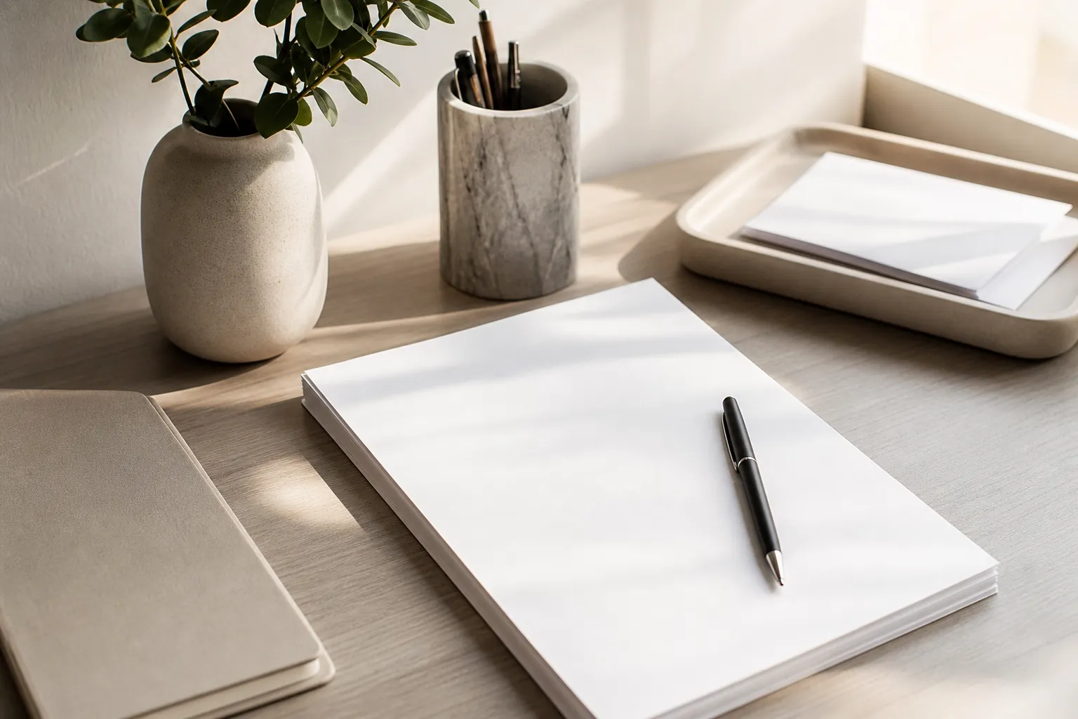 Blank paper and a black pen on a sunlit wooden desk beside a beige notebook, leafy vase, pencil cup, and paper tray.