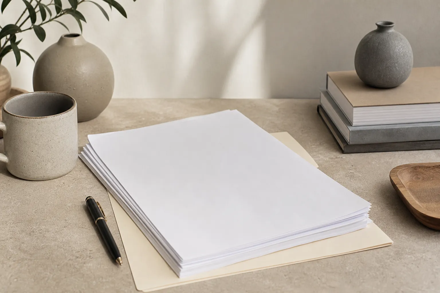 Blank papers stacked on a beige folder beside a black pen, ceramic mug, vases, books, and a wooden tray.