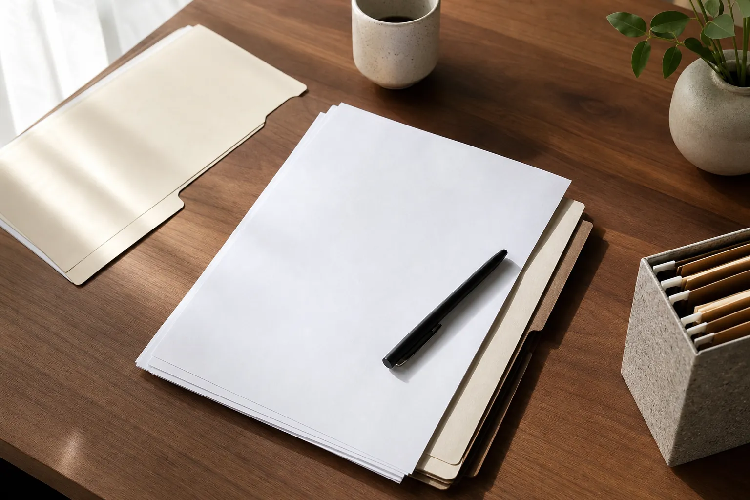 Blank papers and a black pen rest on file folders on a wooden desk beside a mug, a plant, and a file organizer.