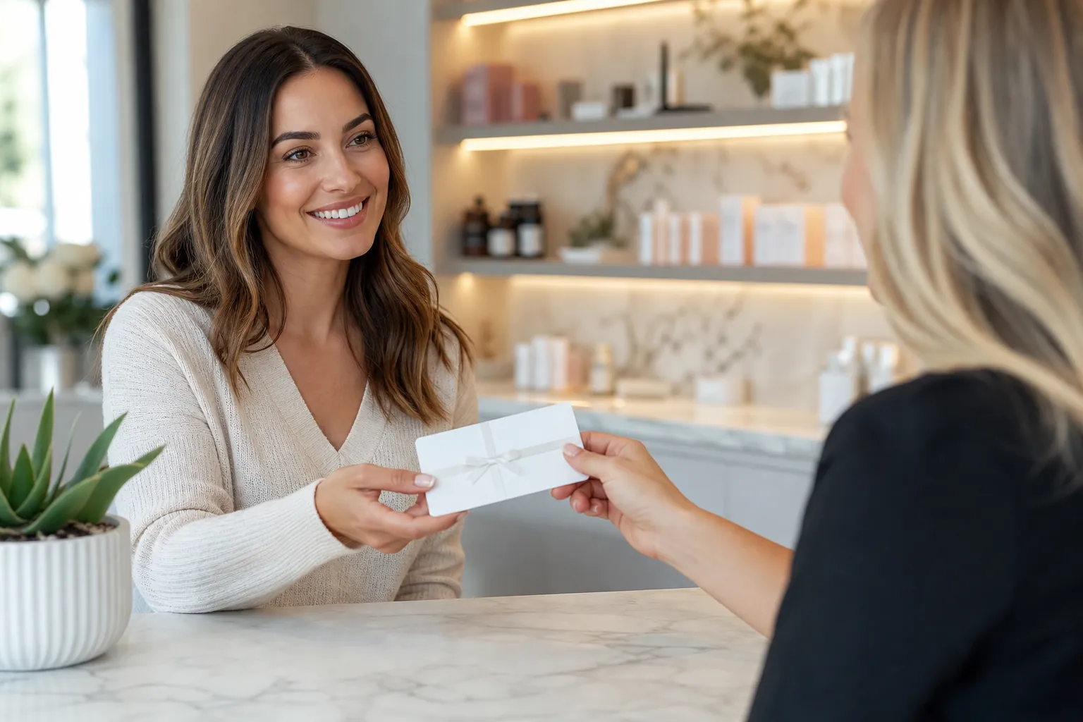 A smiling brunette woman receives a white ribbon-tied gift envelope from a blonde woman across a marble spa reception counter.