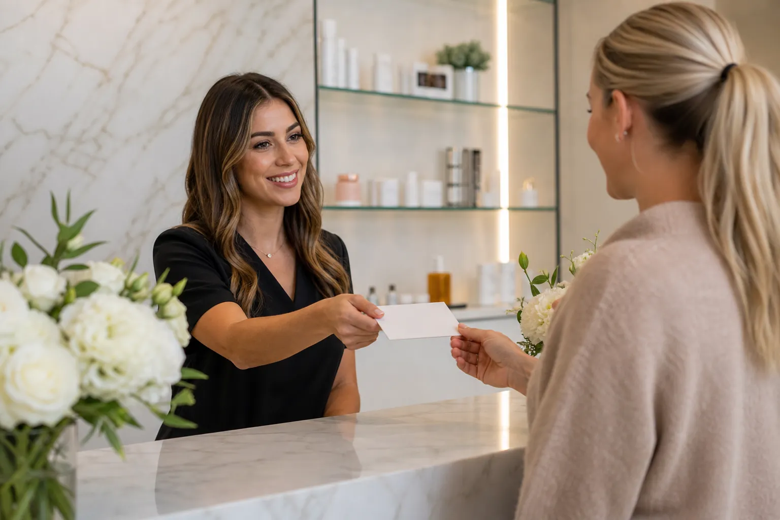 Spa Receptionist Handing a Card to a Customer A smiling spa receptionist hands a blank white card to a blonde customer across a marble counter beside white flowers.