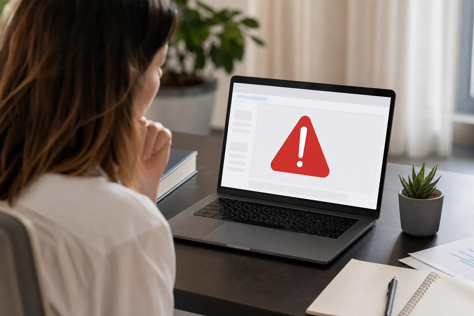Woman seated at a desk looking at a laptop displaying a large red warning triangle, with a plant and notebook nearby.