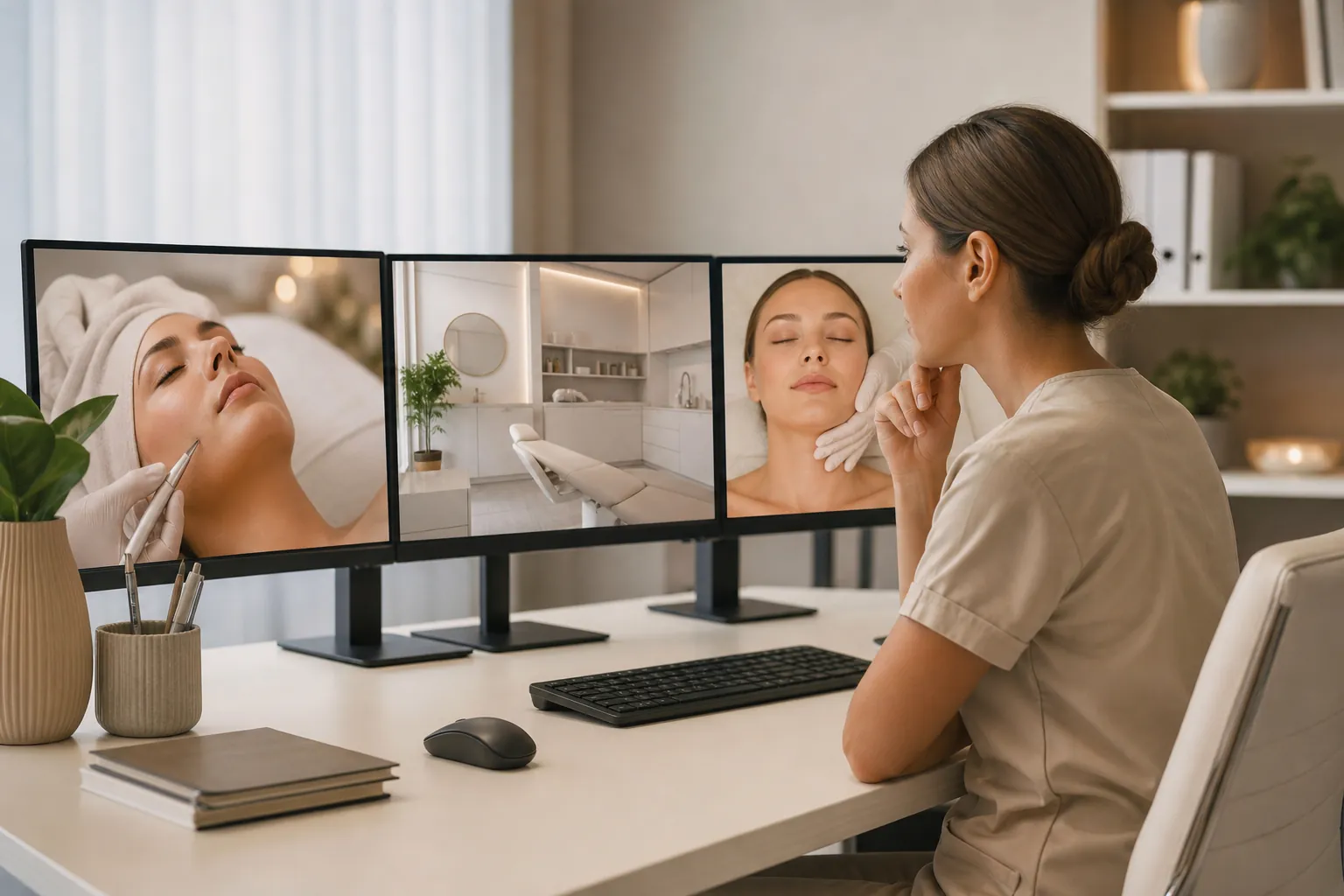Reviewing Med Spa Treatment Visuals on Three Monitors A woman in scrubs studies three desktop monitors showing facial treatments and a med spa treatment room.