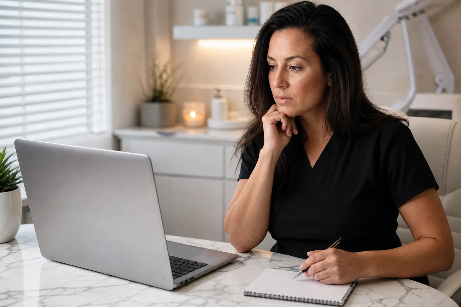 Med Spa Professional Reviewing a Laptop Woman in black scrubs looks at a laptop while holding a pen over a spiral notebook in a med spa treatment room.