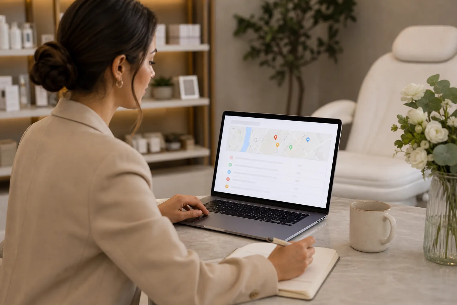 A woman uses a laptop displaying map pins and writes in a notebook beside a treatment chair in a med spa.