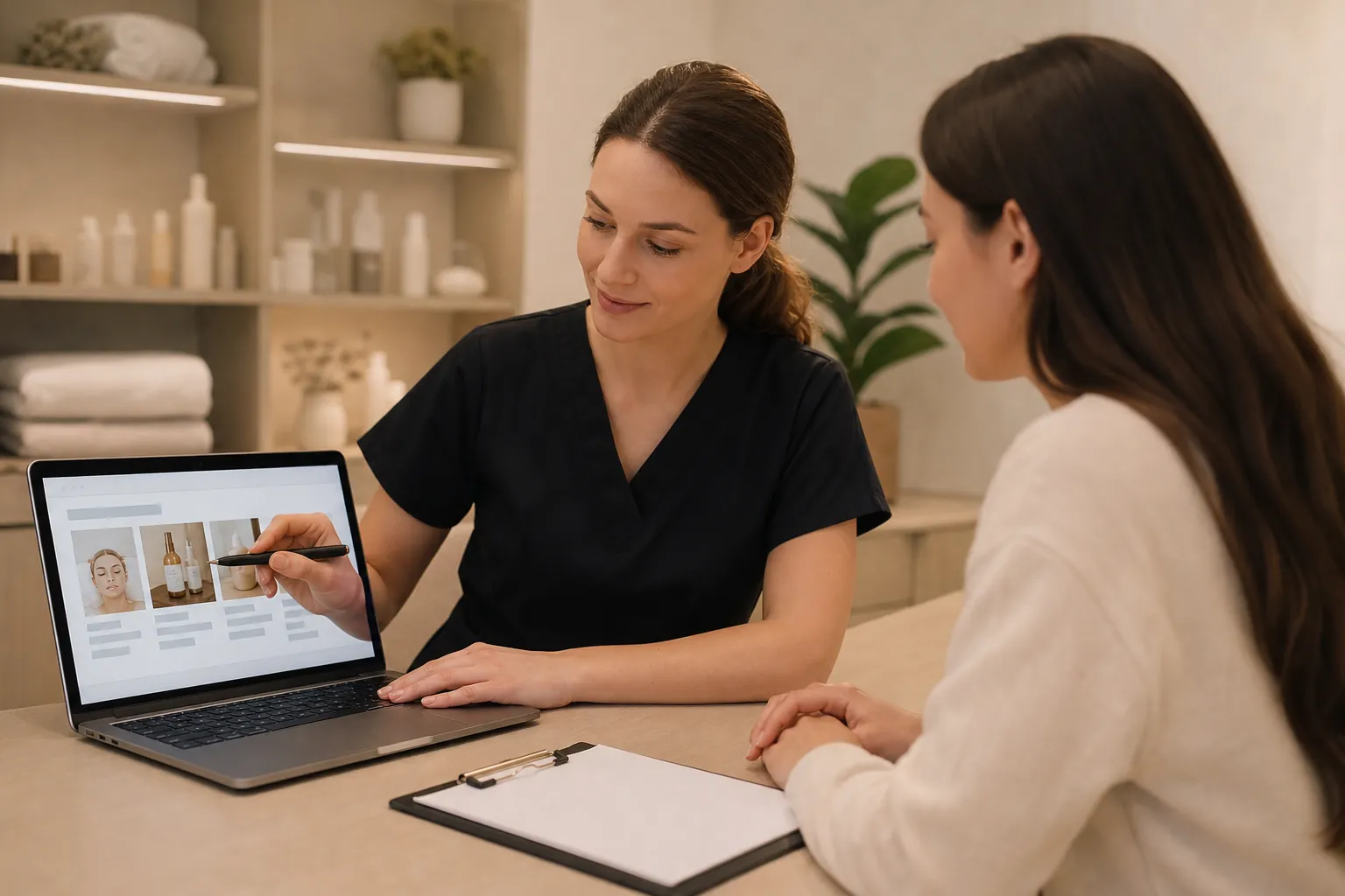 Med Spa Consultation With Skincare Options on a Laptop A med spa professional points to skincare pictures on a laptop while consulting with a woman across a desk.