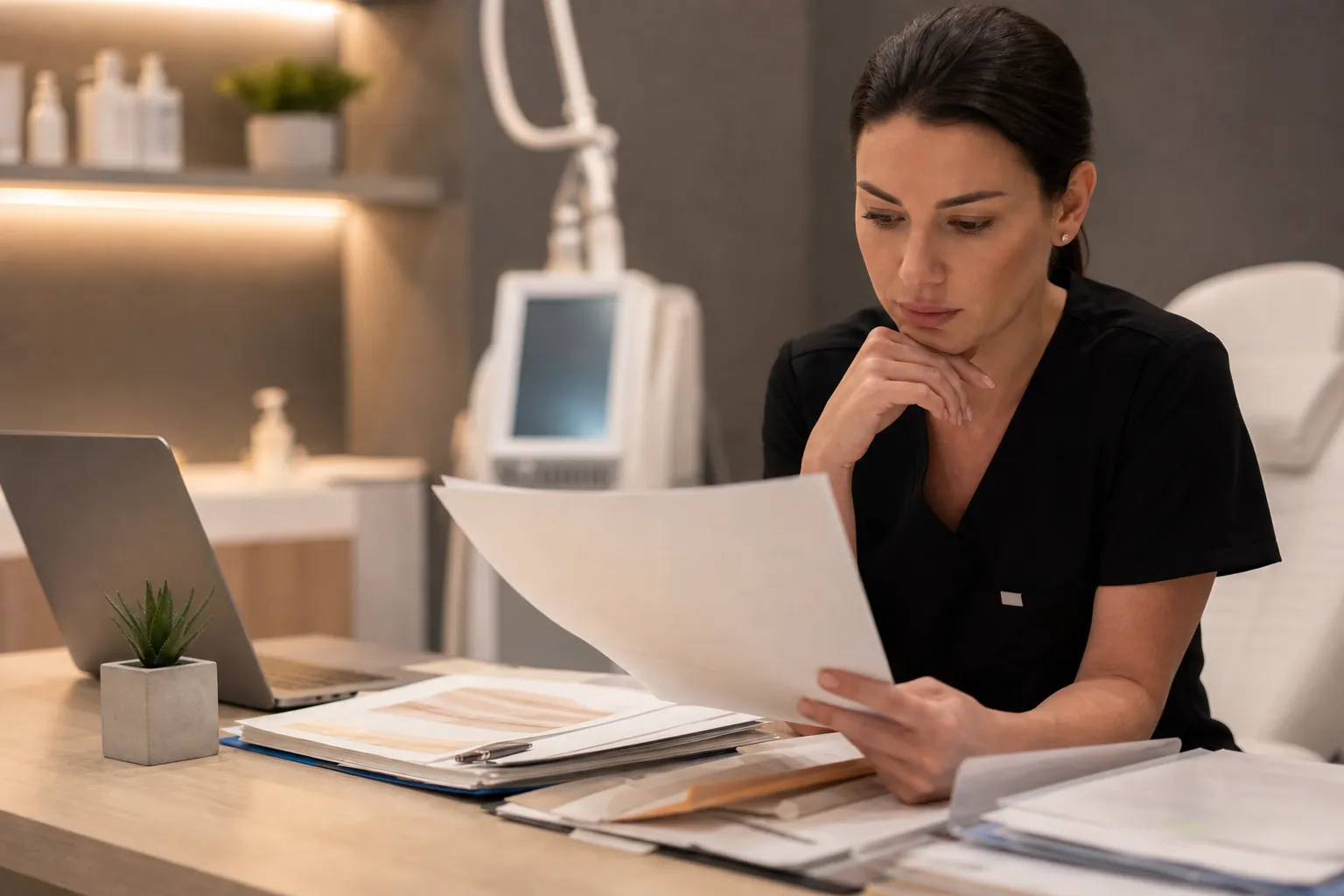 A woman in black scrubs reviews paperwork at a med spa desk with a laptop, folders, and treatment equipment behind her.