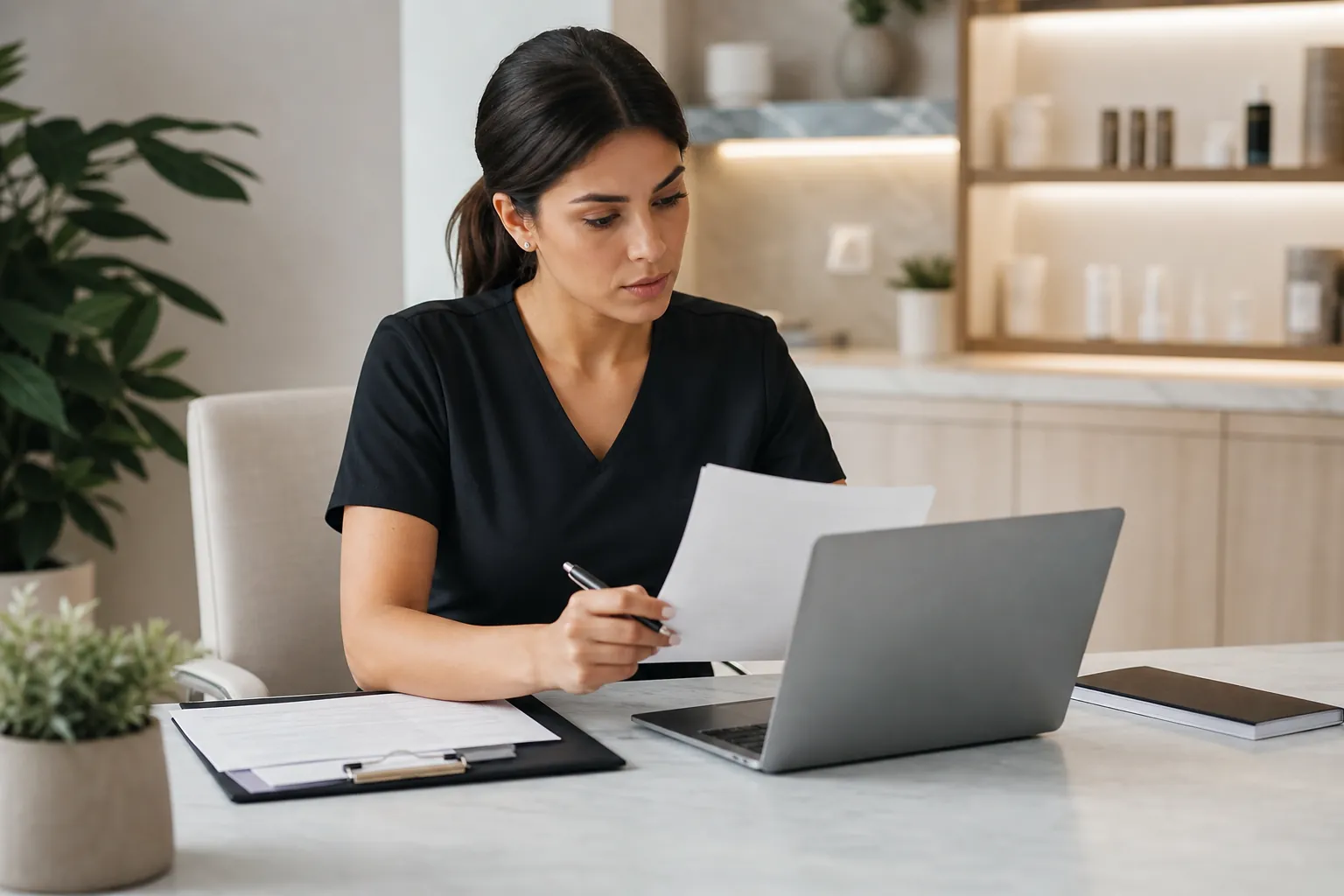 A woman in black scrubs reviews paperwork beside an open laptop at a desk in a spa-like office.