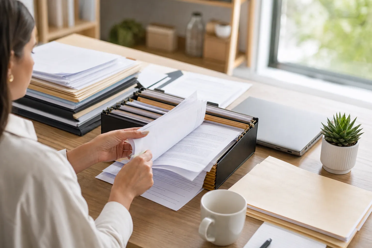 A woman reviews paperwork in a desktop file organizer beside stacked folders, a closed laptop, a mug, and a potted succulent.