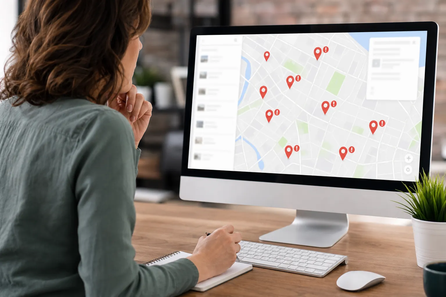 A woman holds a pen over a notebook while reviewing a desktop map with red location pins and warning symbols.