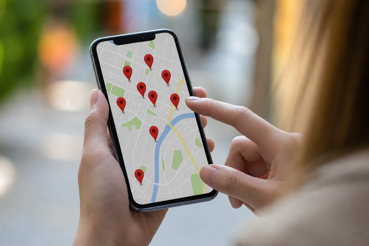 A person holds a smartphone displaying a street map with nine red location pins and points at the screen.