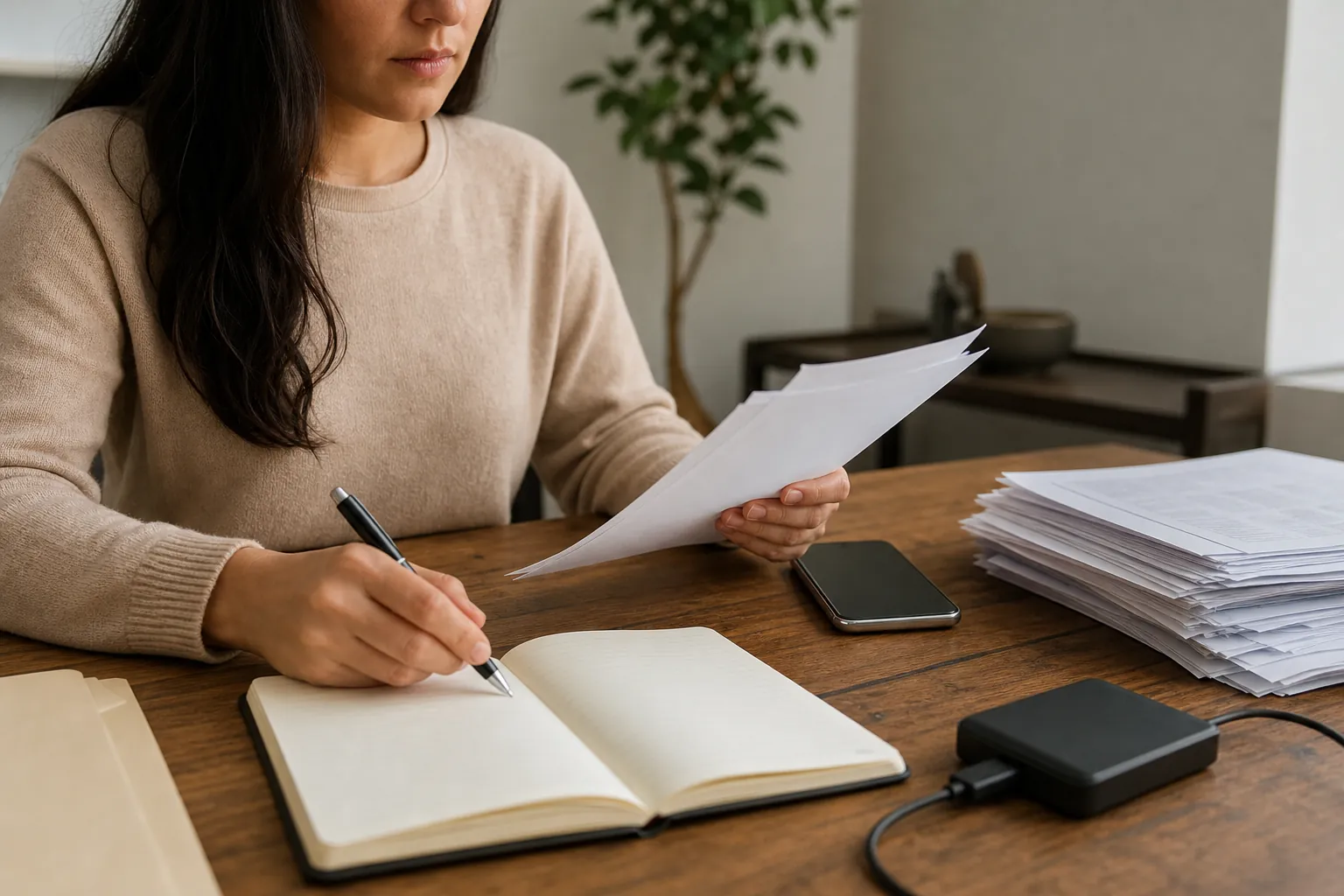 A woman reviews loose papers and writes in an open notebook beside a smartphone, stacked documents, and an external drive.