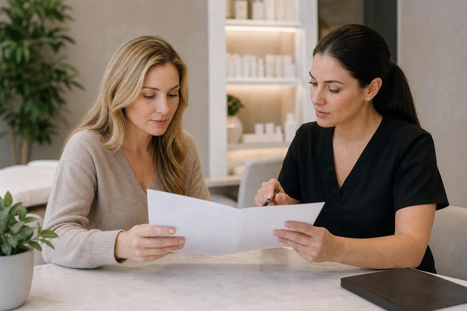 A woman in black scrubs and a blonde woman review a folded document at a marble counter in a spa setting.