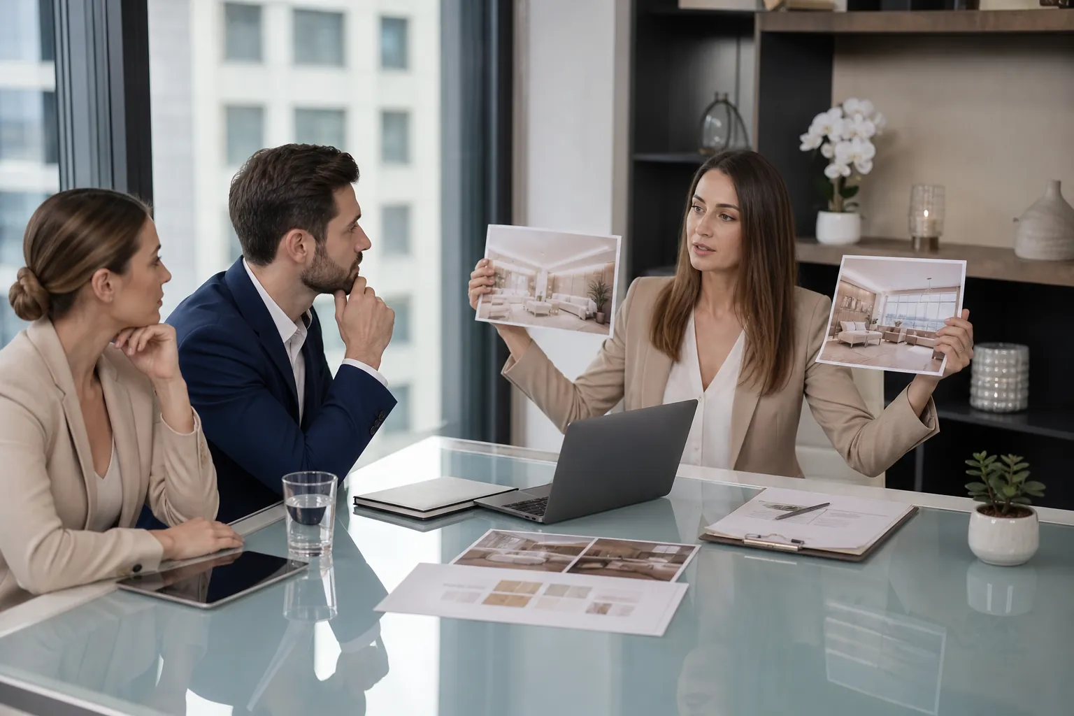 A woman holds two spa interior renderings while meeting with two colleagues at a glass table with a laptop and design materials.