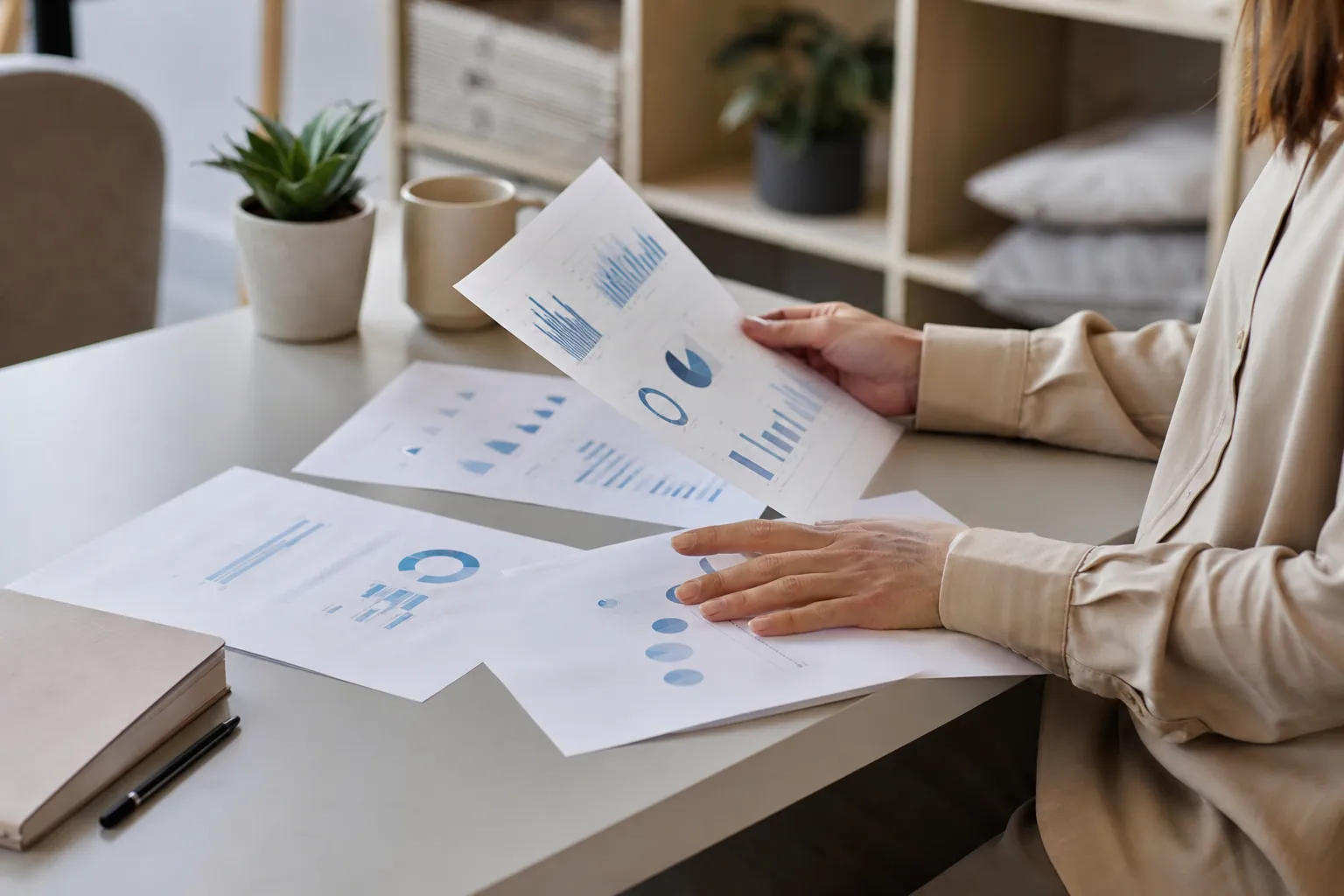 A person in a beige blouse reviews printed blue charts at a desk with a notebook, pen, mug, and potted plant.