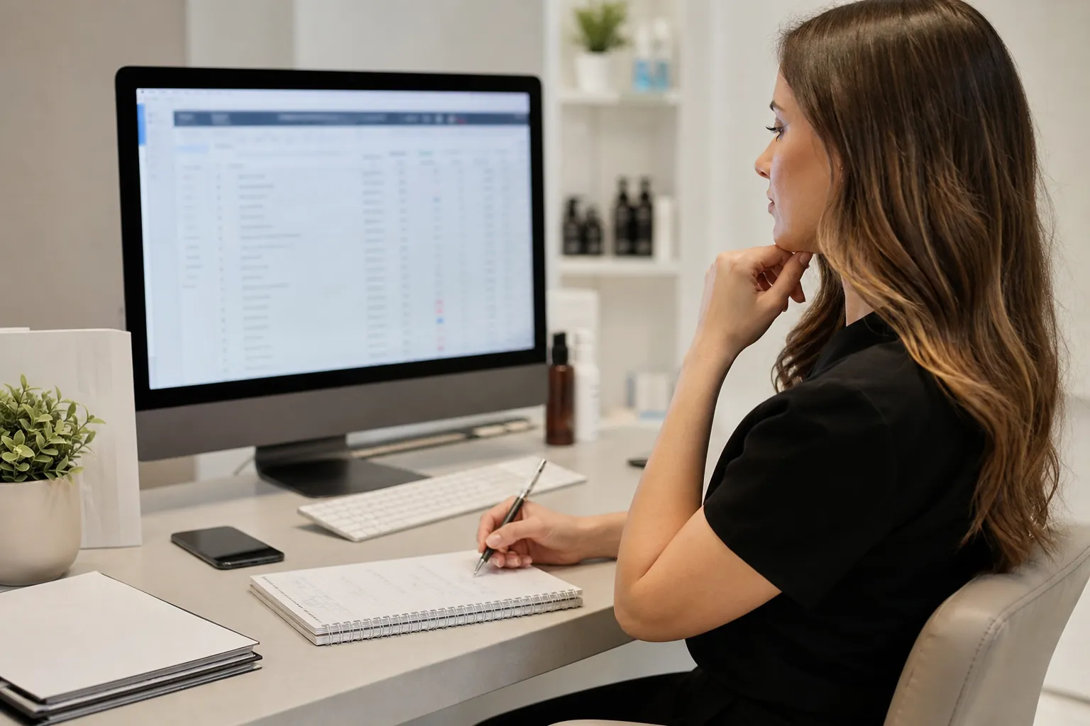 A woman at a desk studies a blurred data table on a desktop monitor while holding a pen over a spiral notebook.