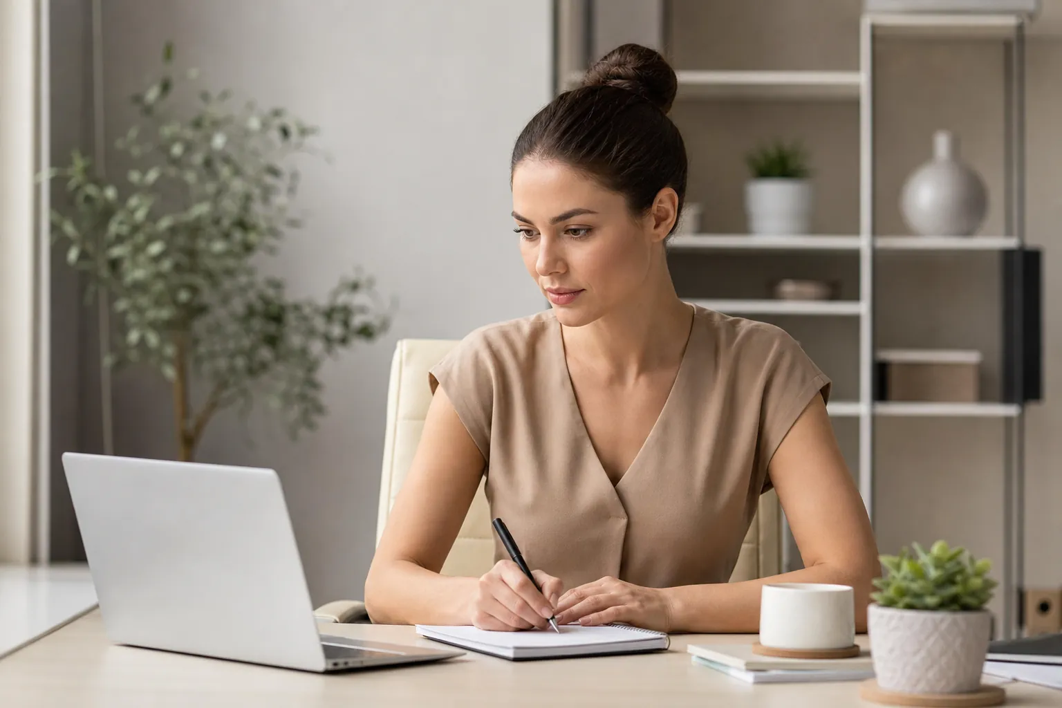 Planning at a Desk With a Laptop and Notebook Woman writing in a notebook beside an open laptop at a desk with a white cup and a small potted succulent.