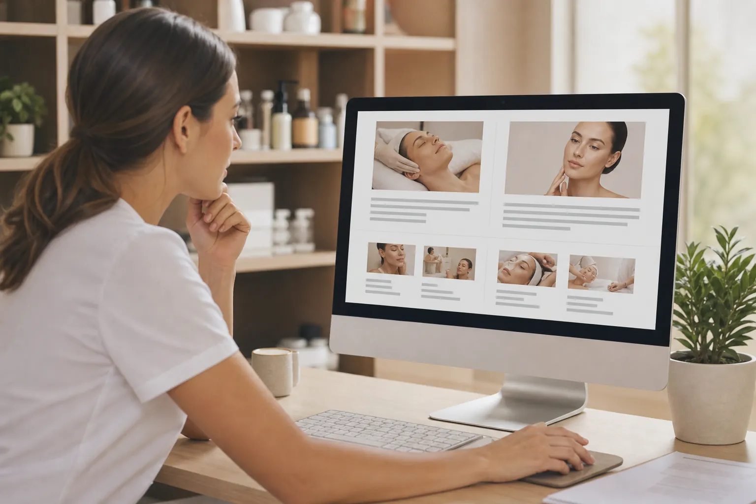 A woman in a white uniform views a desktop website with facial treatment photos and gray text placeholders in a spa setting.