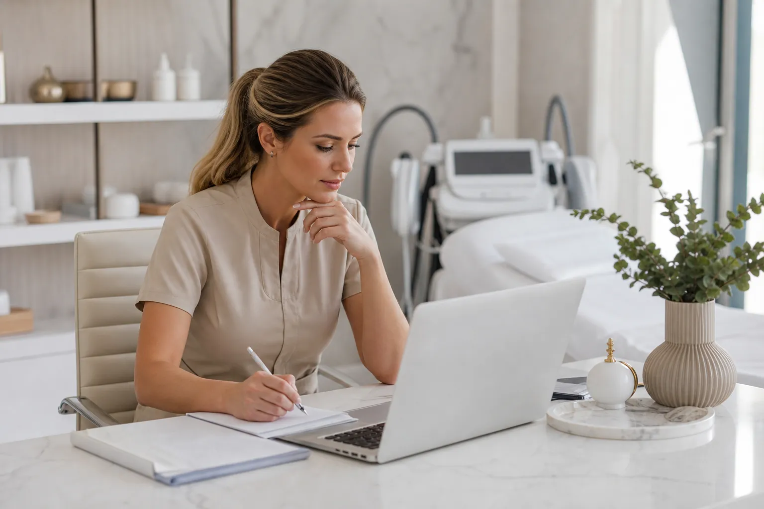 A woman in beige scrubs writes in a notebook beside an open laptop, with a treatment bed and aesthetic equipment behind her.