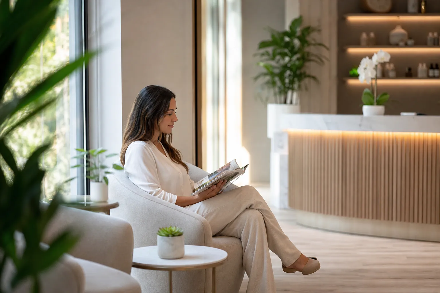 A woman reads a magazine in a cushioned chair beside tall windows in a bright spa reception area with plants.