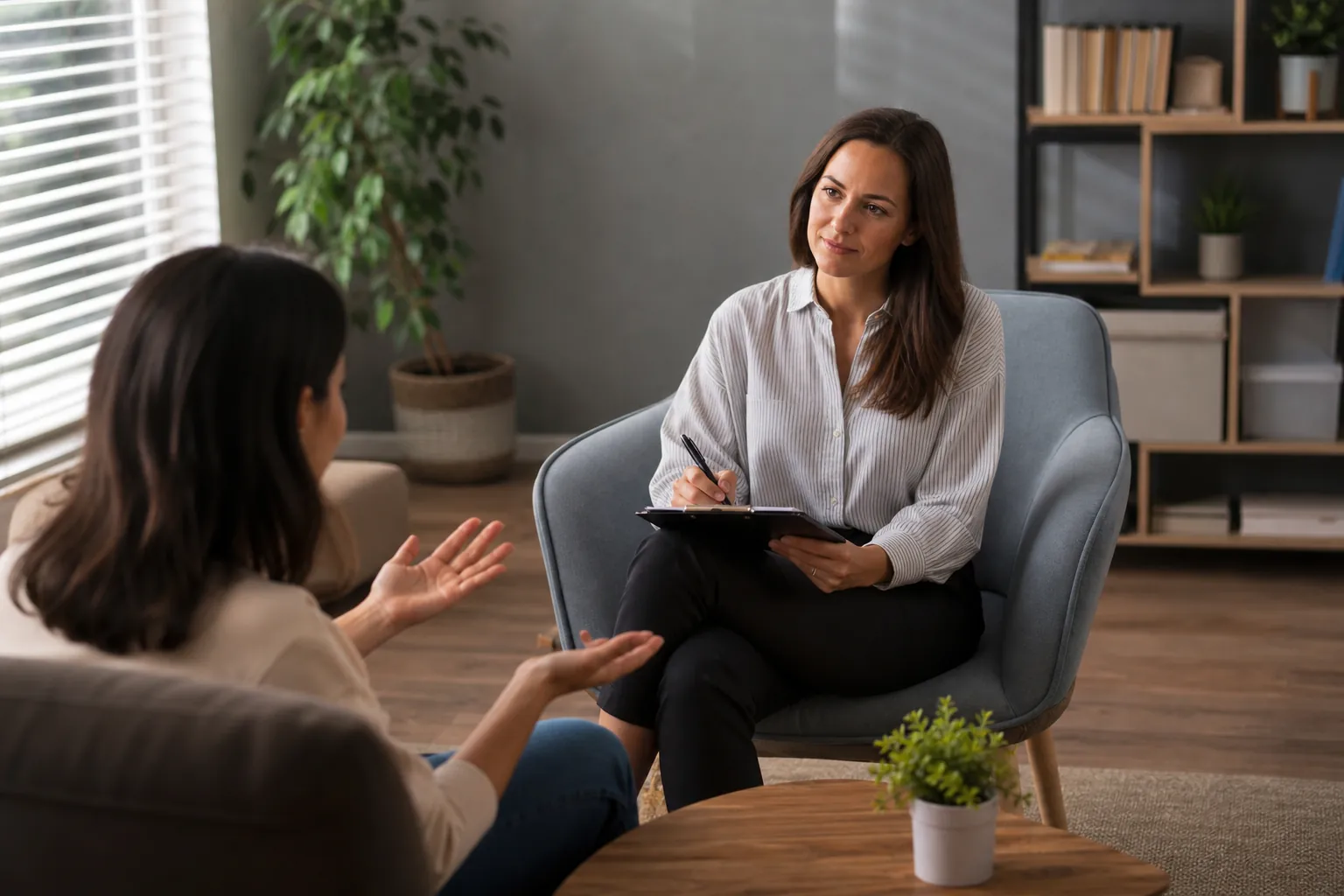 A therapist holds a pen and clipboard while listening to a woman gesturing during a session in a furnished office.