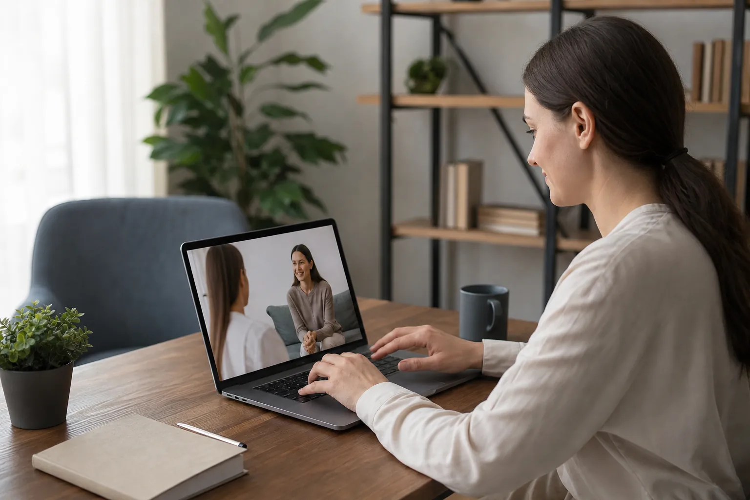 Woman at a wooden desk using a laptop showing two women in a counseling setting, with plants, a notebook and a mug nearby.