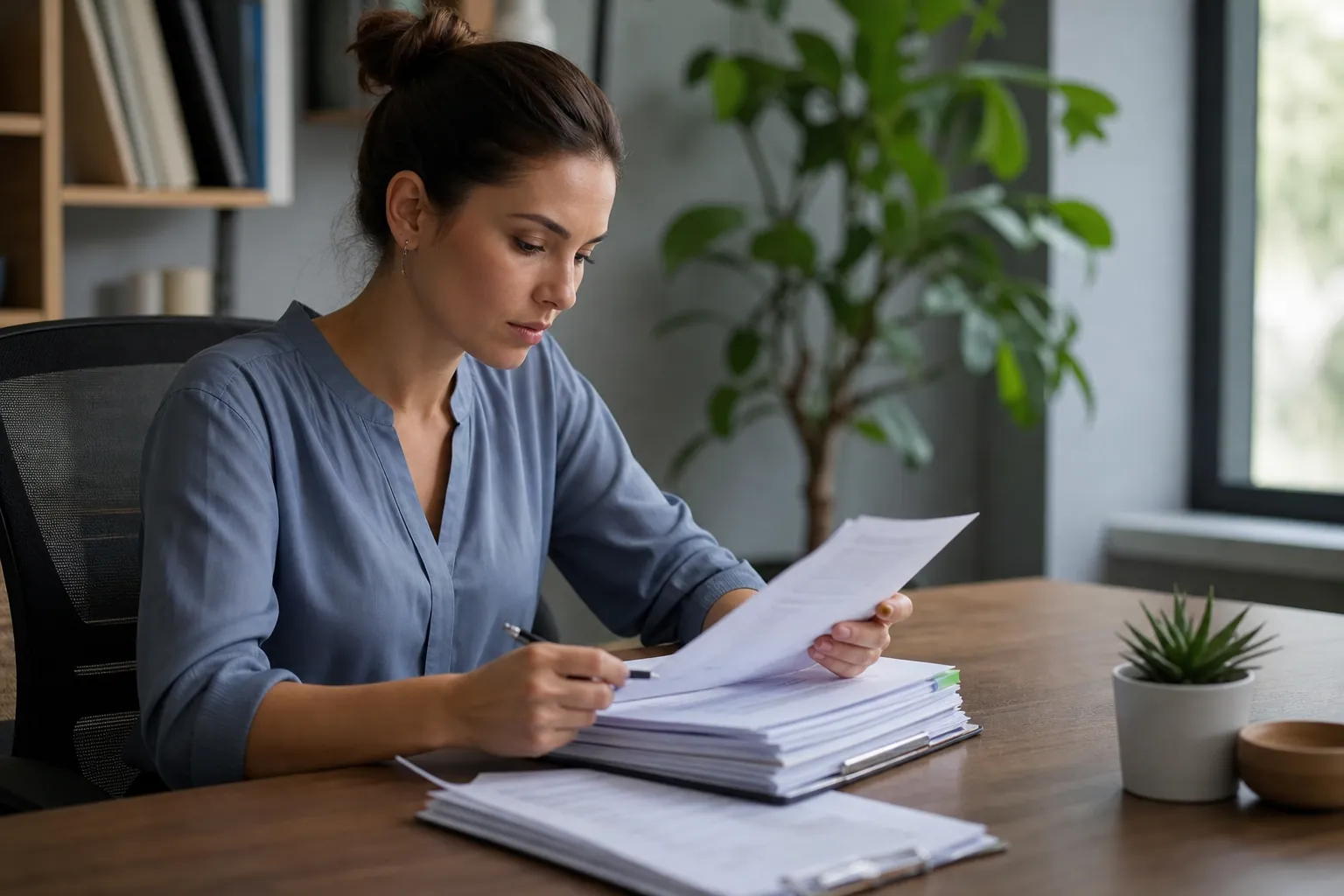 A woman holds a sheet of paper and a pen while reviewing stacks of documents at a wooden office desk.