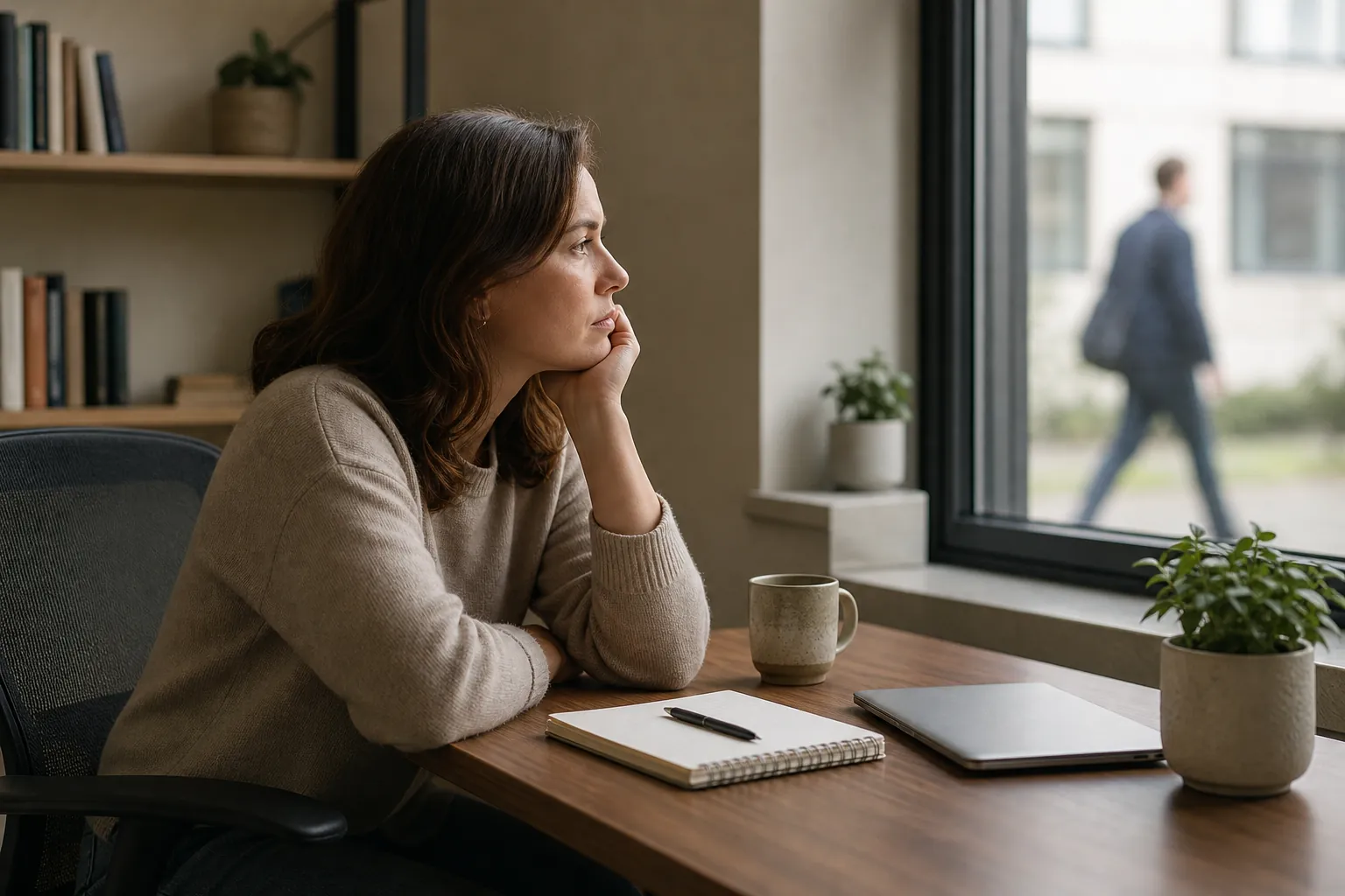 A woman rests her chin on her hand at a desk with a notebook, mug and closed laptop, watching a blurred person outside.