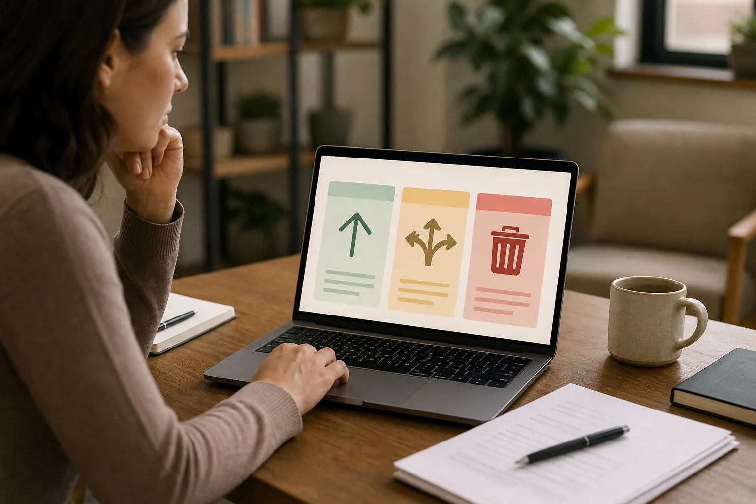 A woman studies a laptop displaying upward arrow, branching arrows, and trash can icons beside a mug and papers.