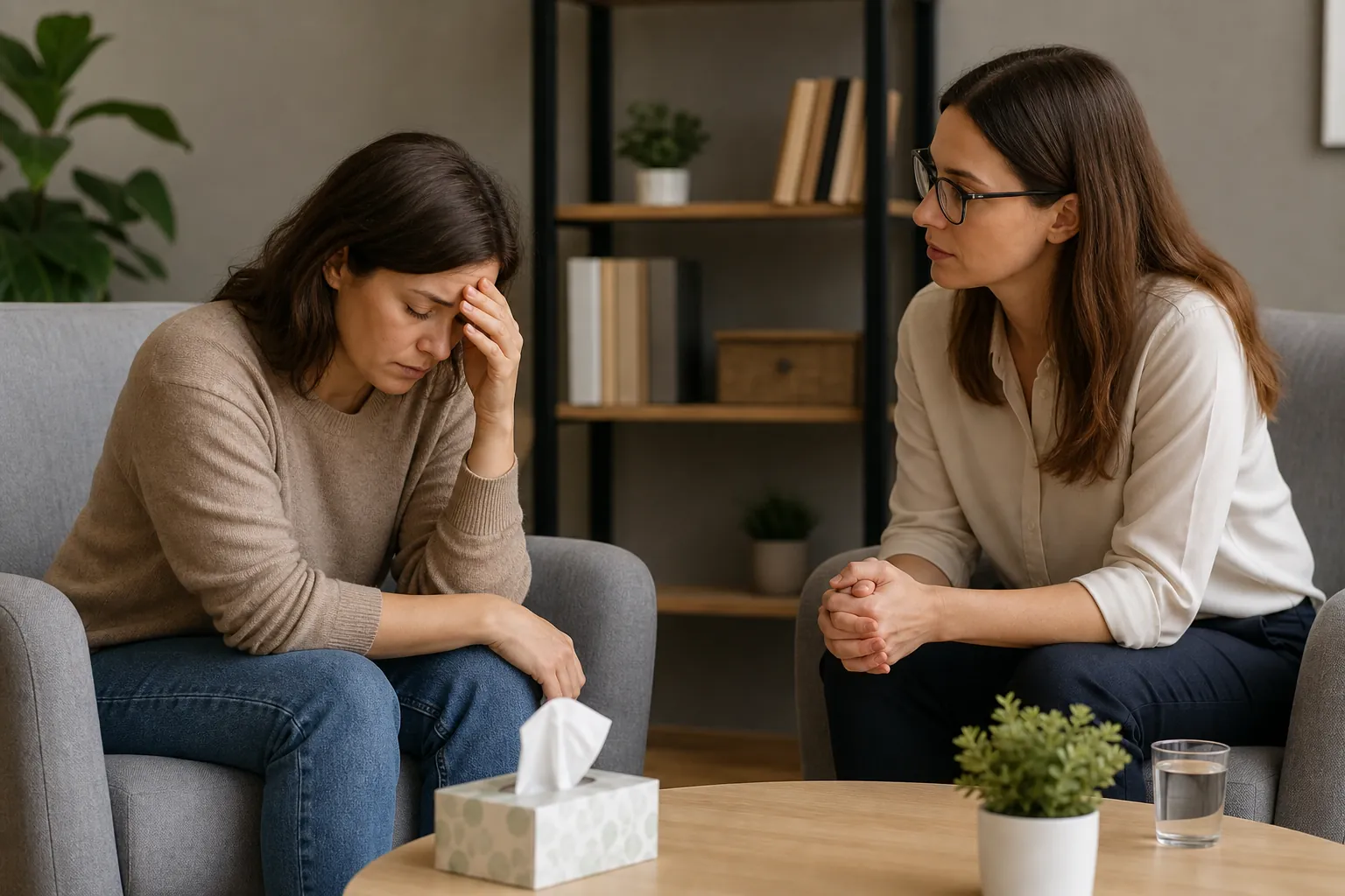 A distressed woman holds her forehead while another woman listens, with tissues, a plant and water on a table between them.
