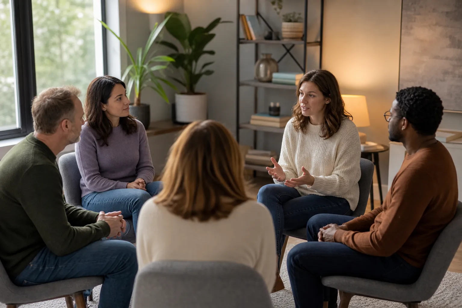 Five adults sit in a circle during a group therapy discussion in a bright room with plants, as one woman gestures while speaking.