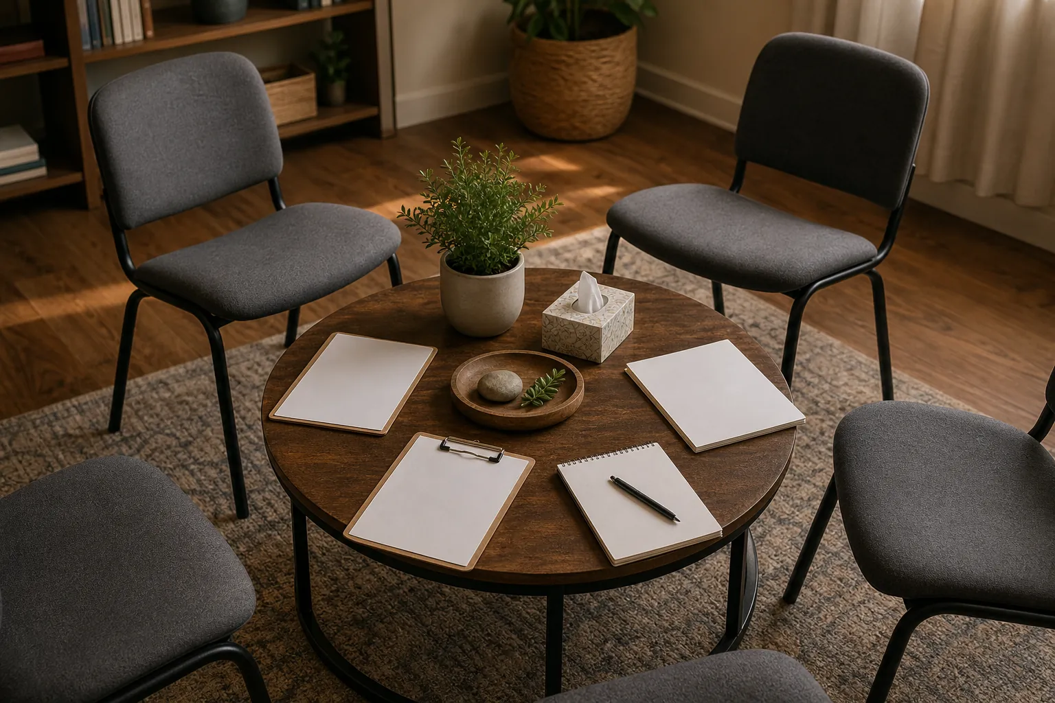 Empty gray chairs surround a round wooden table with blank notepads, clipboards, tissues, and a plant in a group therapy setting.