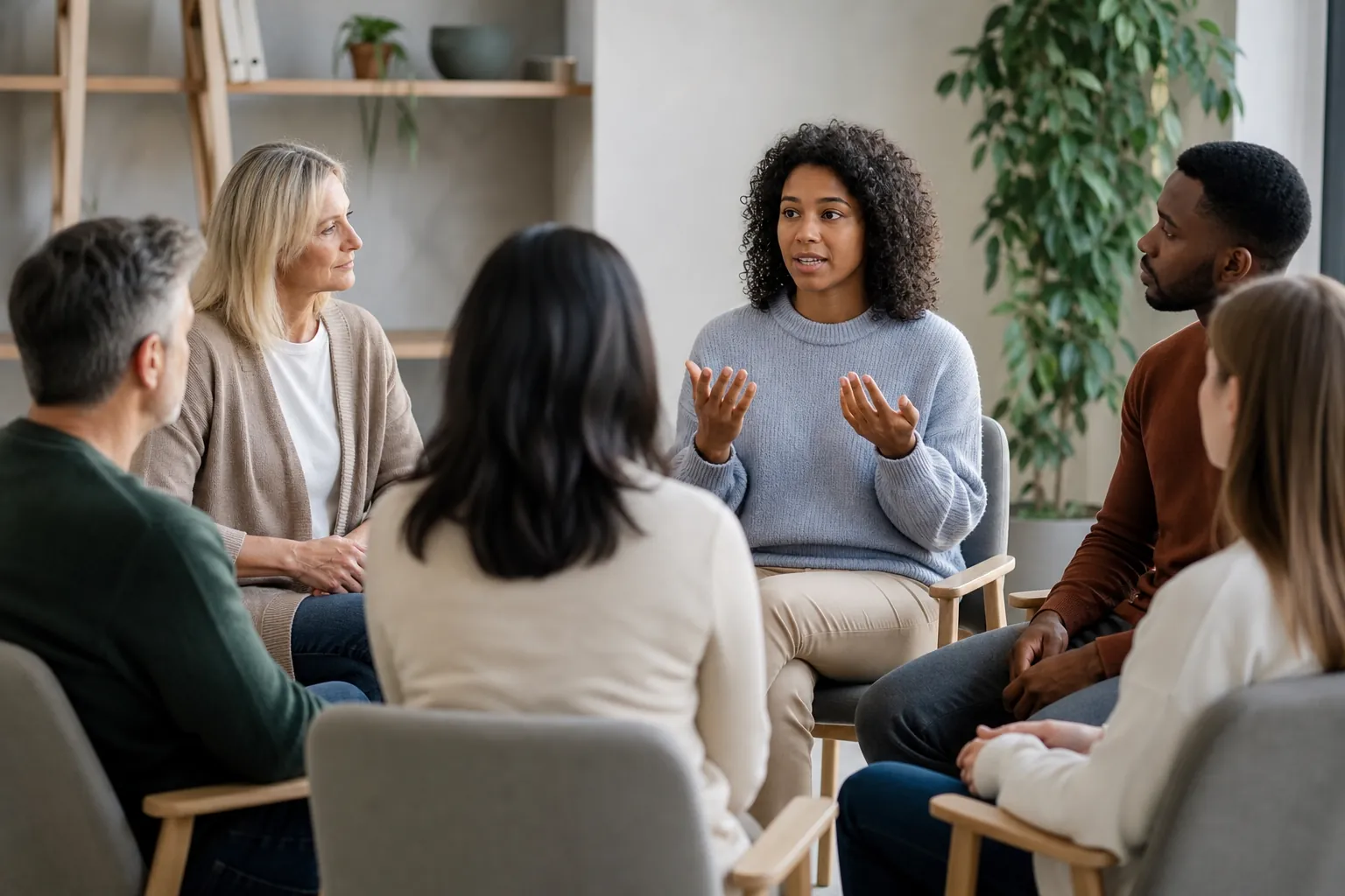 Six adults sit in a circle for a group discussion while a woman in a light blue sweater speaks with her hands raised.