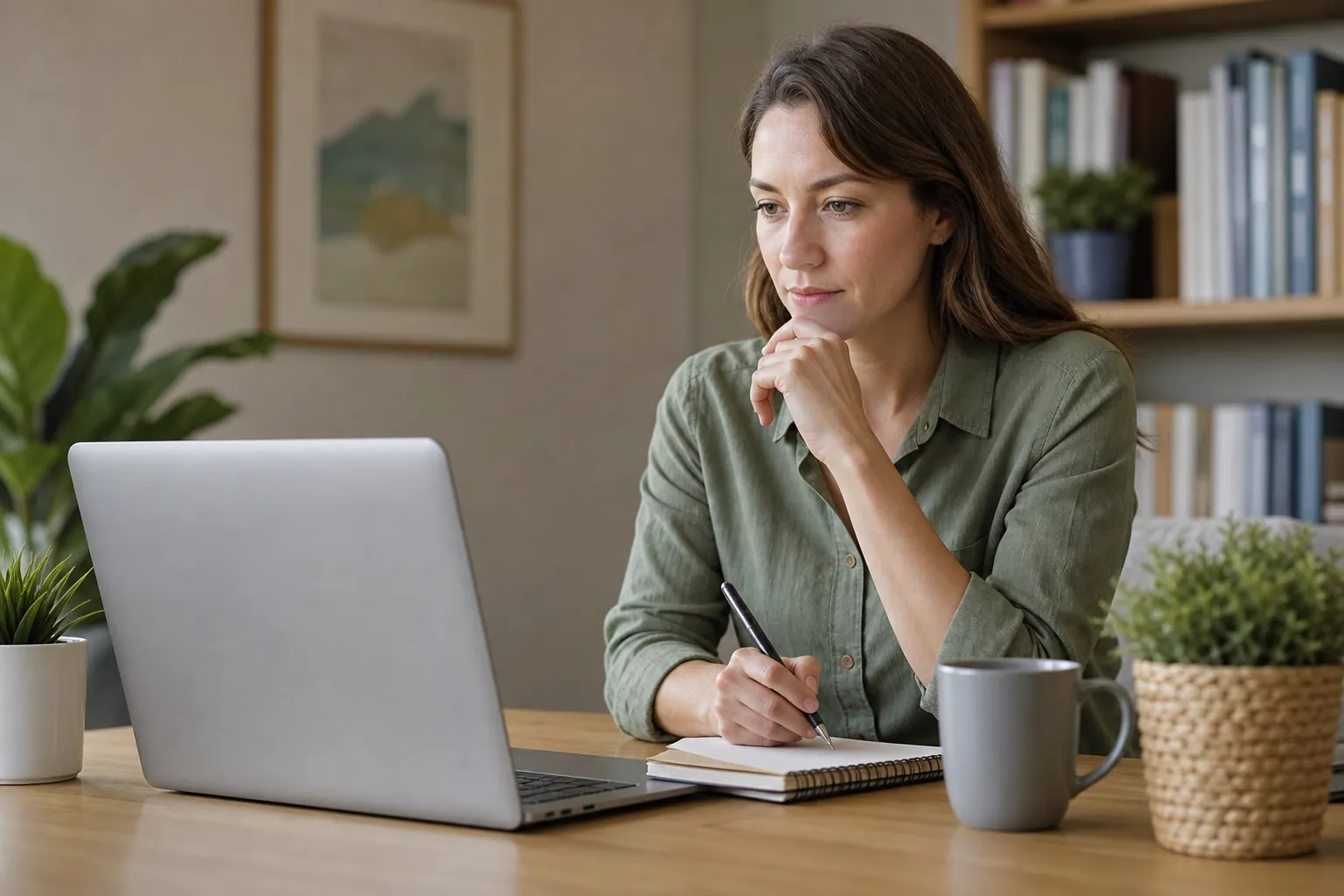 A woman rests her chin on one hand while holding a pen over a notebook beside an open laptop, a gray mug, and potted plants.