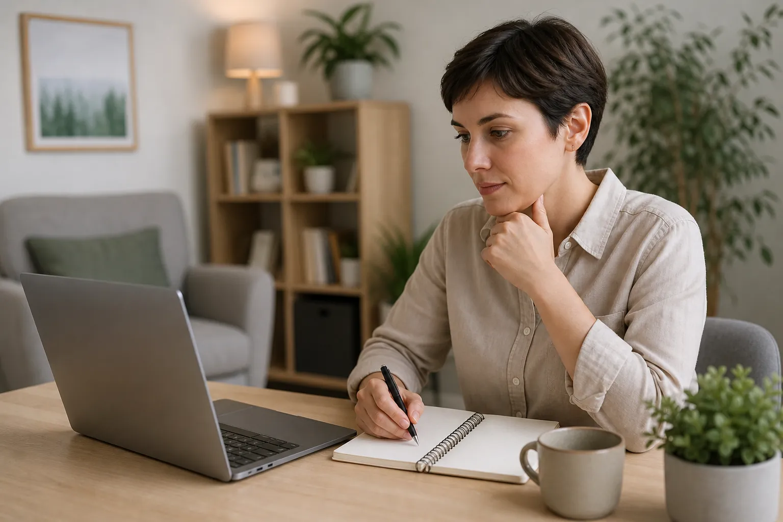 A woman rests her chin on one hand while holding a pen over a notebook beside a laptop in a softly lit office.