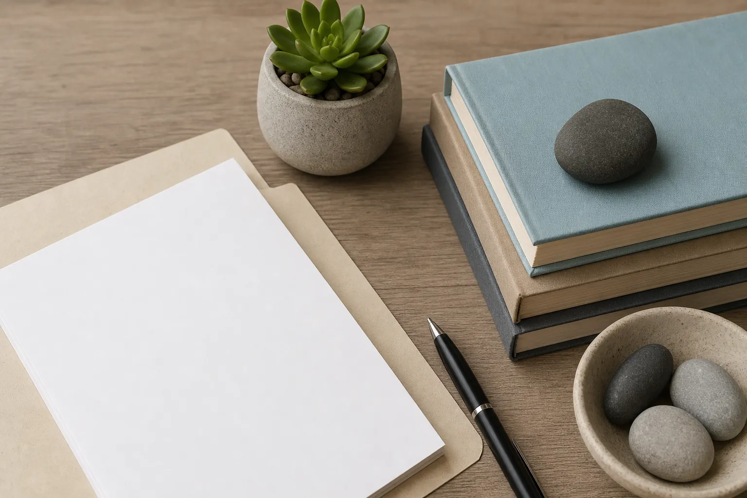 Blank paper on a folder beside a black pen, stacked books, a potted succulent, and smooth stones on a wooden desk.