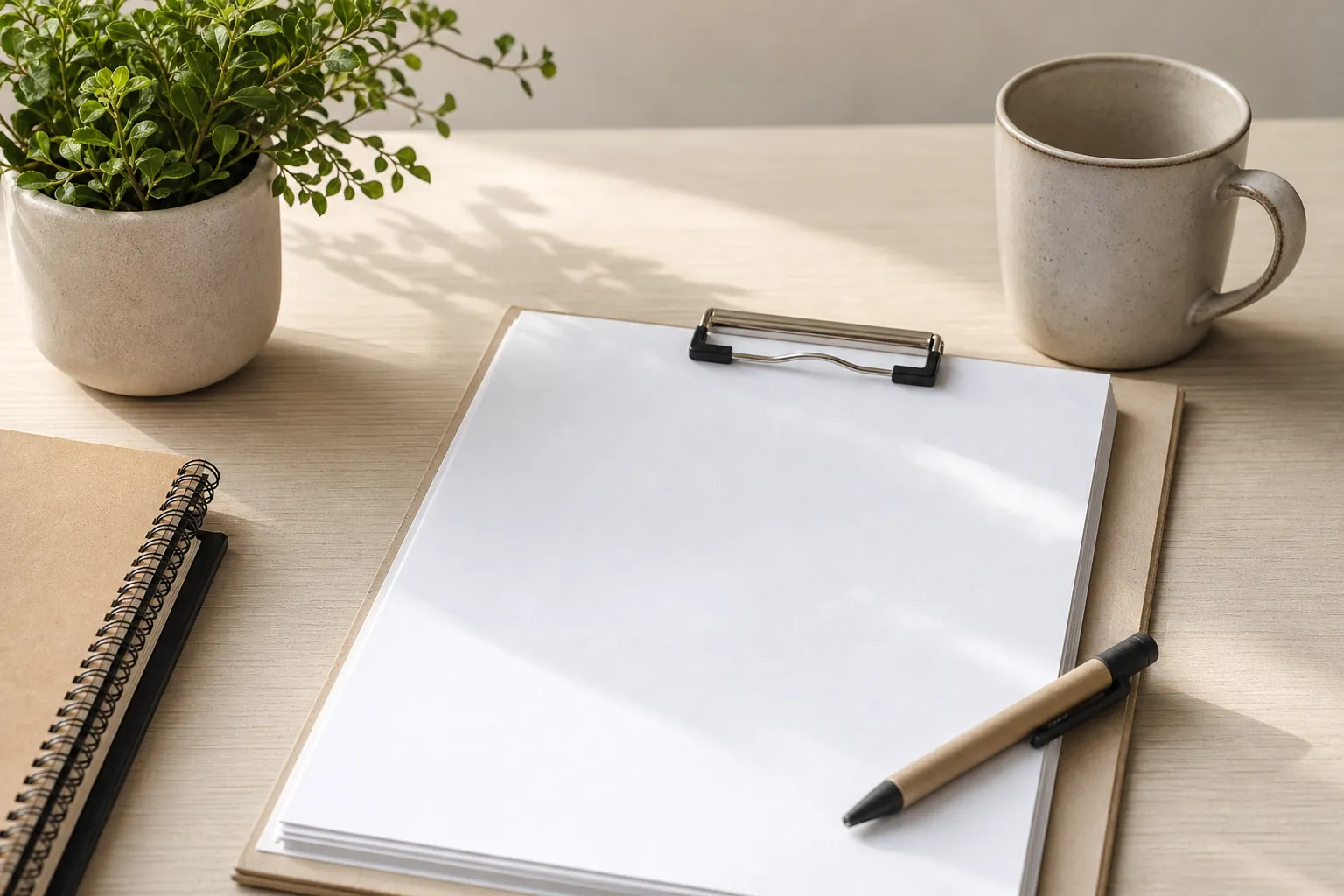 Blank paper on a clipboard with a tan pen, beside a spiral notebook, potted plant, and ceramic mug on a wooden desk.