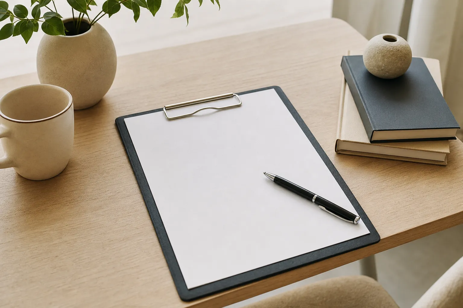 A blank clipboard and black pen on a wooden desk beside a ceramic mug, leafy plant, stacked books, and small vase.