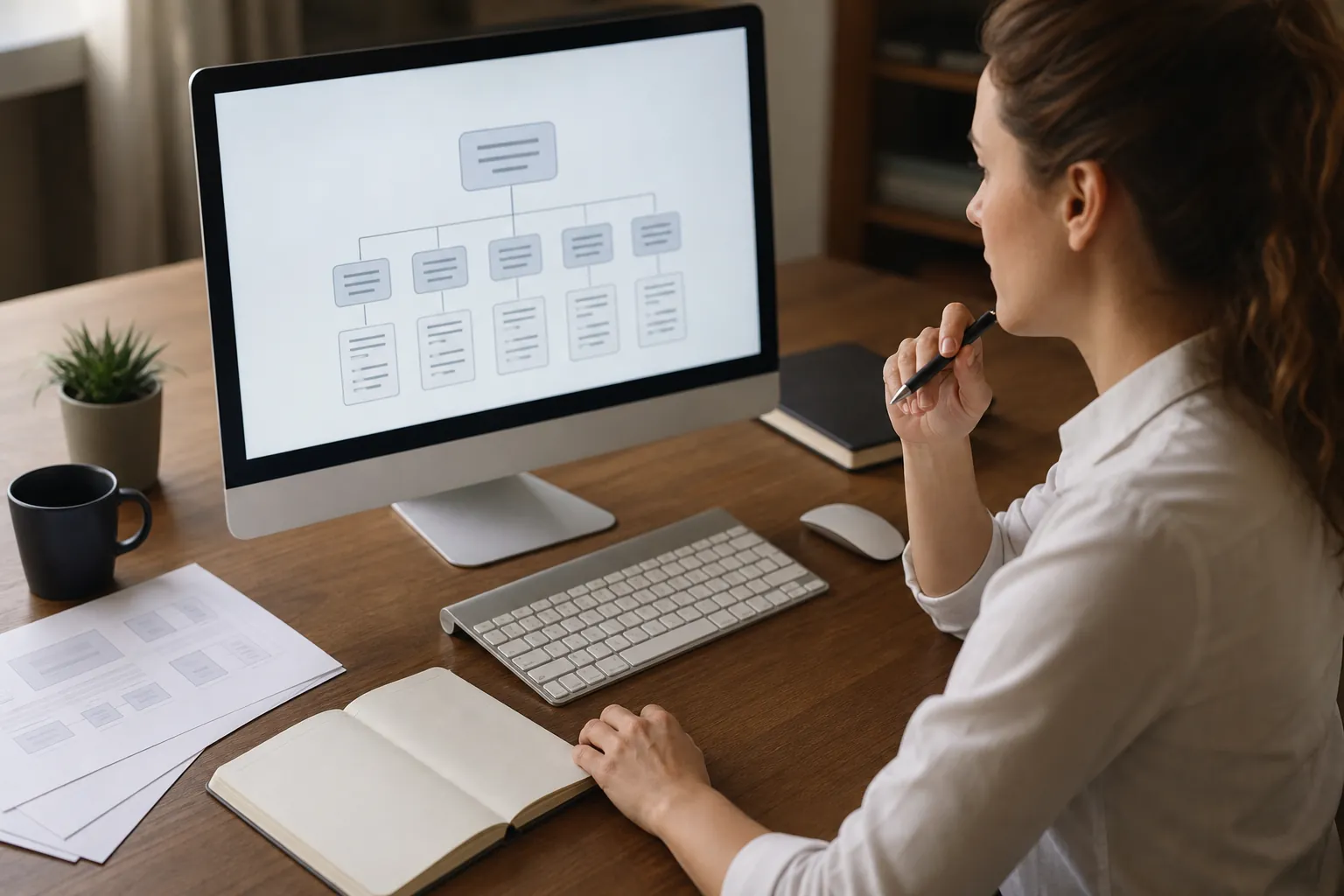 A woman holds a pen near her chin while looking at a hierarchy diagram on a desktop monitor, with printed diagrams and an open notebook on the desk.