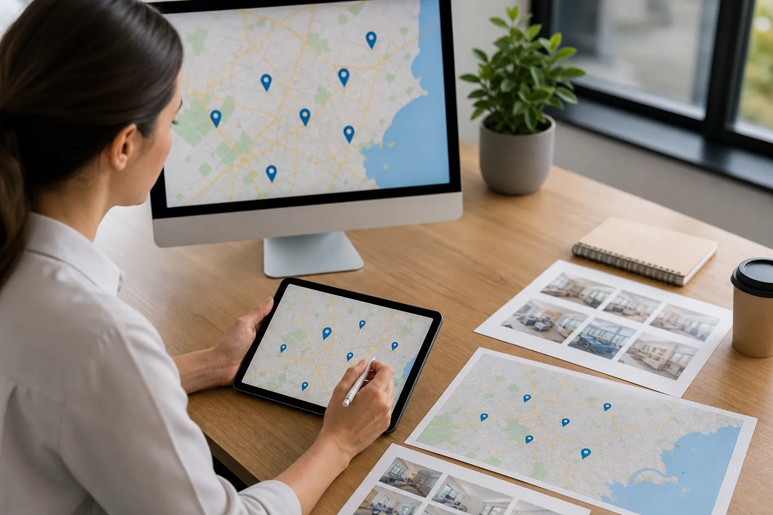 A woman holds a tablet and stylus beside a monitor and printed map showing blue location pins, with sheets of interior photographs on the desk.