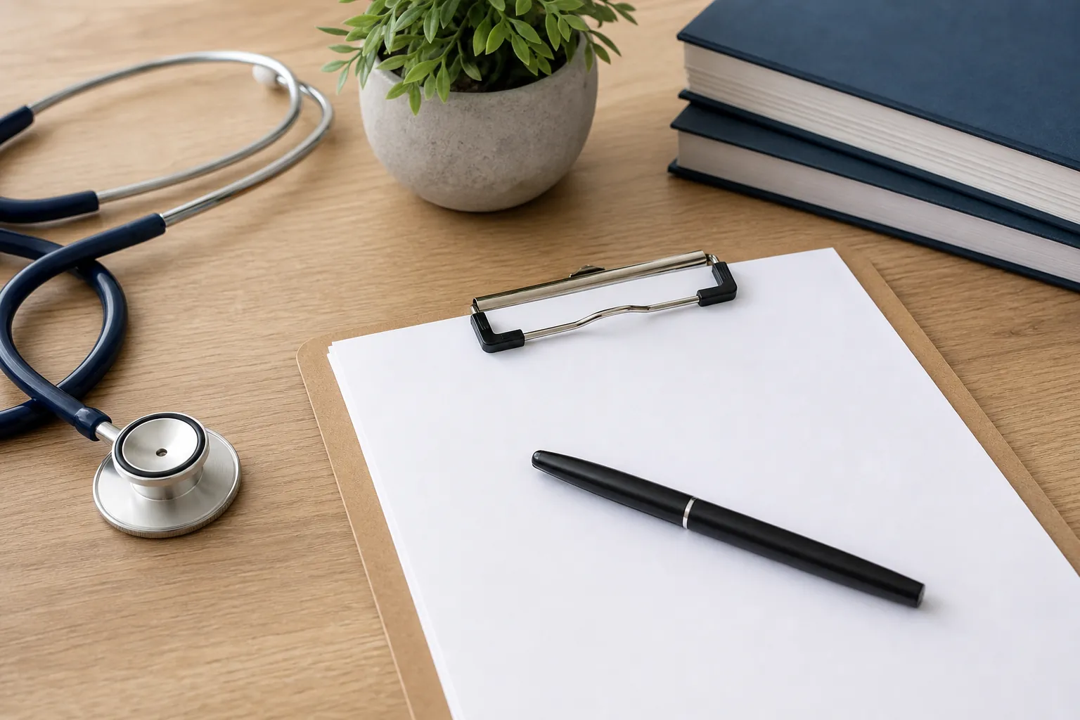 A blank clipboard with a black pen sits on a wooden desk beside a stethoscope, a potted plant, and two stacked books.