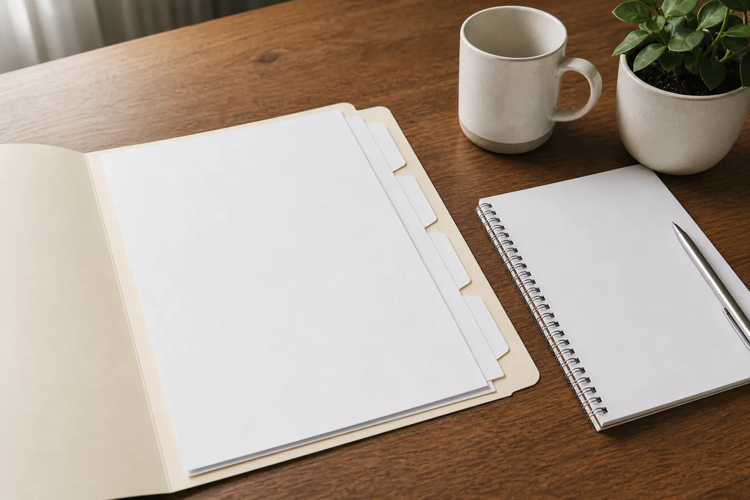 An open tabbed folder with blank sheets sits on a wooden desk beside a spiral notebook, silver pen, ceramic mug, and potted plant.