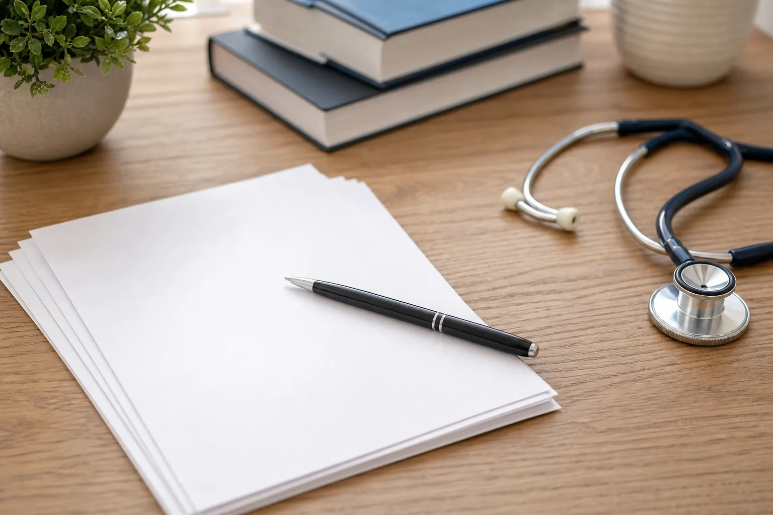 A black pen rests on blank white papers beside a stethoscope, stacked books, and potted plants on a wooden desk.
